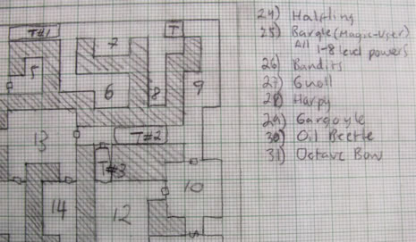 Parte de un mapa de un calabozo para una aventura que creé. Nótese como el mapa está descrito sobre una retícula acompañado de una leyenda para los elementos importantes como monstruos y trampas.