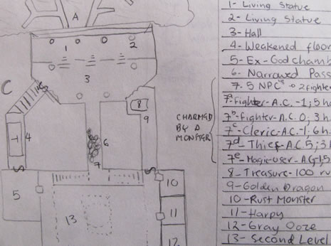 Uno de los mapas que hice para una aventura D&D. El maestro de juego usa esos mapas (que nadie más puede ver) para narrar y determinar el curso de acontecimientos.